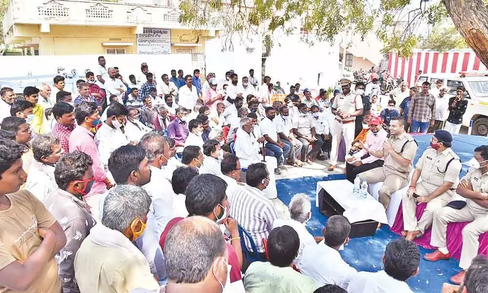 SP Siddharth Kaushal conducting a Rachchabanda meeting with the villagers of Uppugunduru on Saturday