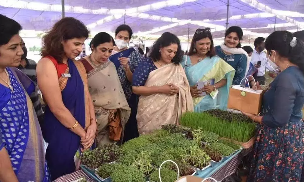GVMC Commissioner G Srijana and president of Navy Wives Welfare Association Devina Jainat Natural Living Expo-21 at Palm Beach in Visakhapatnam