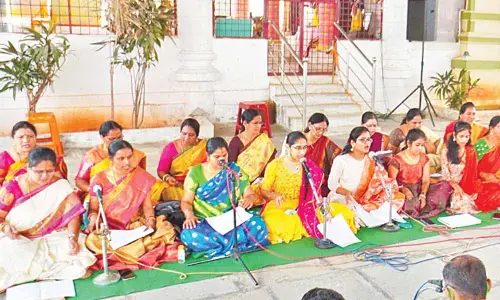 Vocal artistes rendering Thyagaraja Krithis during the Thyagaraja Pancharatna Ghosti Gaanam music concert in Warangal on Sunday
