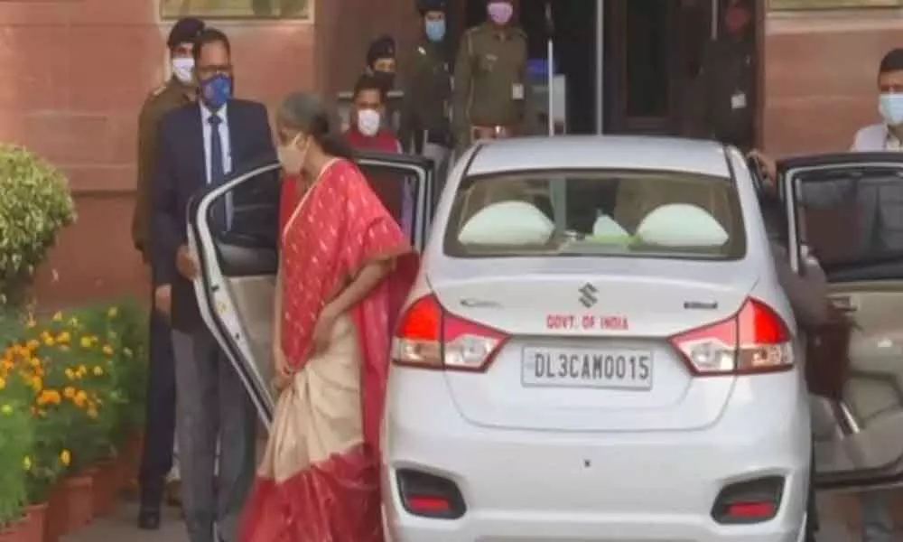 Union Finance Minister Nirmala Sitharaman on Monday morning reached the Ministry of Finance in the North Block, ahead of presenting the Union Budget 2021-22 in the Parliament.