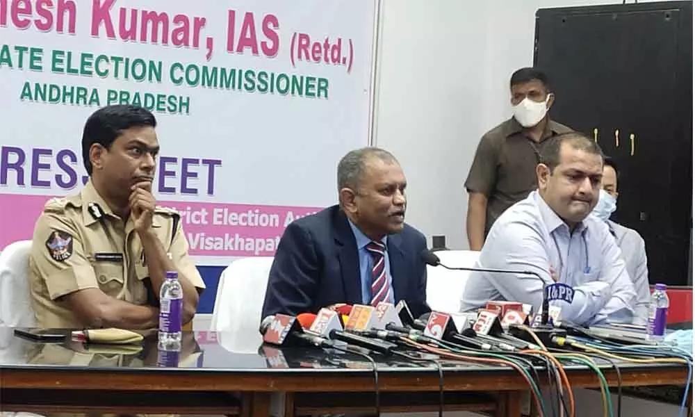 State Election Commissioner N Ramesh Kumar speaking to the media after a review meeting with the district officials in Visakhapatnam on Tuesday