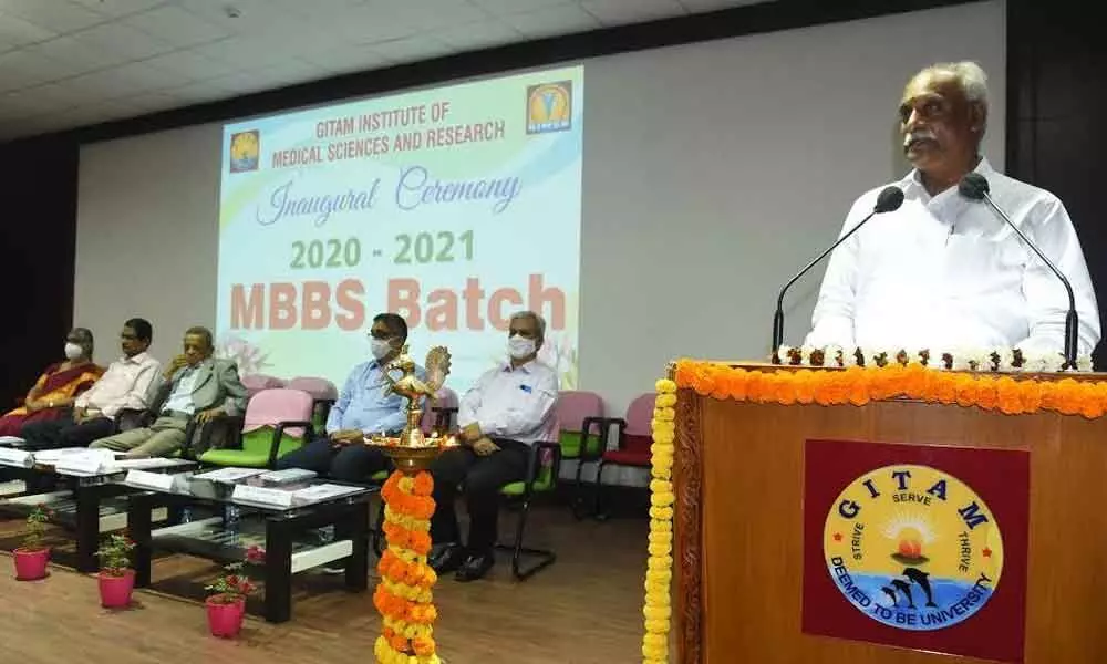 GITAM Vice-Chancellor K Sivaramakrishna addressing the inaugural ceremony of the MBBS students batch of 2020-2021