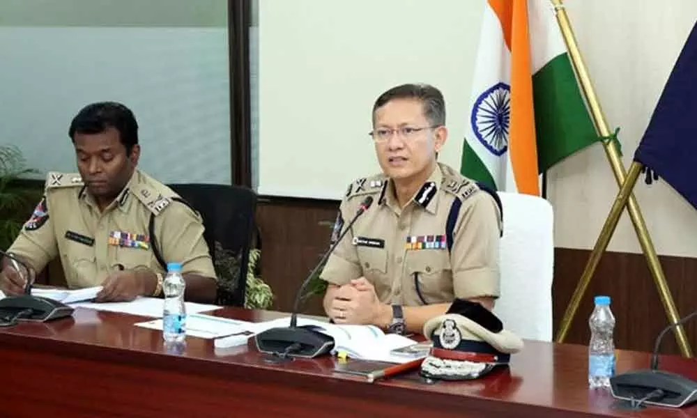 DGP Gautam Sawang and other officers addressing the press at DGP office  at Mangalagiri on Saturday
