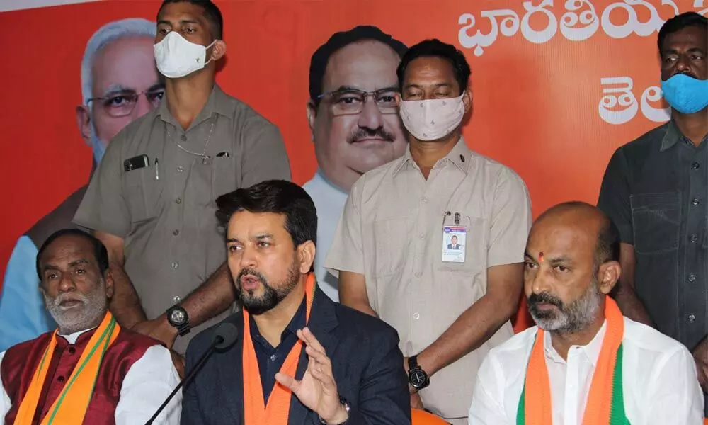 Union Minister of State for Finance Anurag Singh Thakur addressing the media in Hyderabad on Saturday