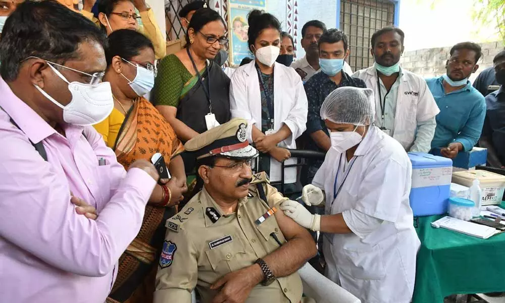 State DGP M Mahender Reddy taking the Covid vaccine in Hyderabad on Saturday