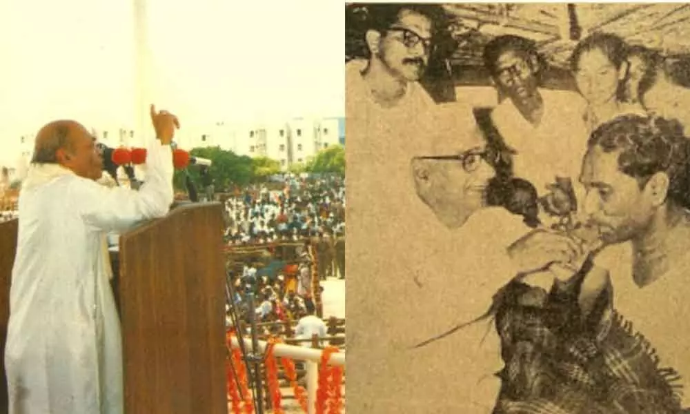 File photo of PV Narasimha Rao dedicating the Visakhapatnam Steel Plant to the nation. (R) File photo of former AP CM Kasu Brahmananda Reddy offering juice to break the 20-day hunger strike by former MLA  T Amrutha Rao in Visakhapatnam