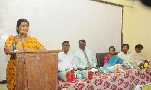 Telugu Akademi Chairperson N Lakshmi Parvathi addressing the students at Telugu Department of Andhra University in Visakhapatnam on Saturday
