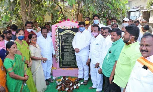 Mayor Gunda Prakash Rao along with Warangal East MLA Nannapuneni Narender during the foundation stone laying for developmental works in Warangal on Saturday