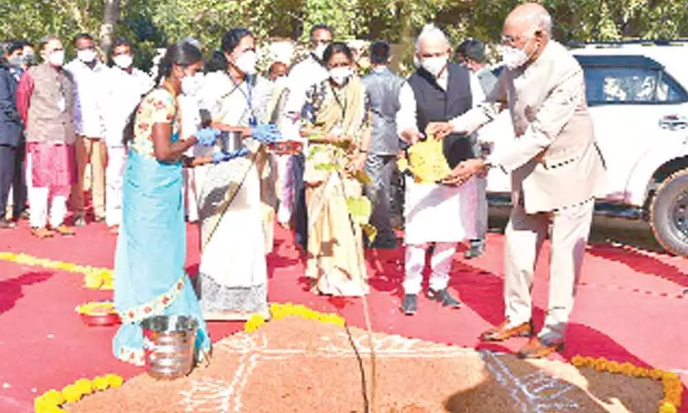 President Ram Nath Kovind planting a sapling at The Peepal Grove School in Sodam on Sunday.