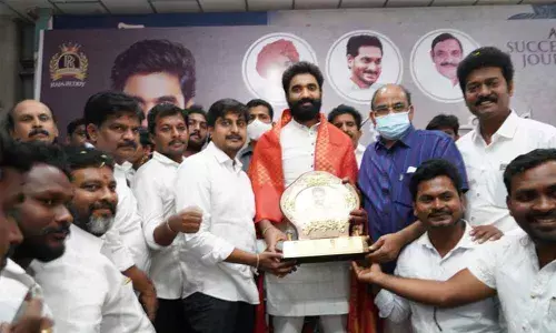 Urban and Rural coordinators Dr AS Narayana and C Nageswar felicitating MP Margani Bharat in Rajamahendravaram on Sunday