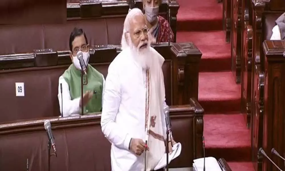 Prime Minister Narendra Modi in his reply to the Motion of Thanks on the Presidents Address, in Rajya Sabha.