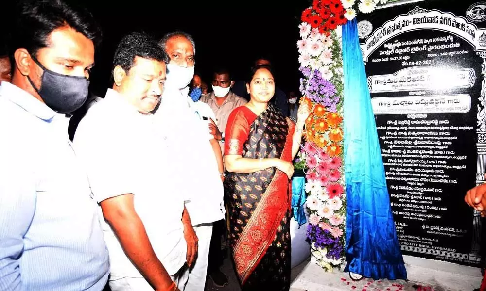 Home Minister M Sucharitha inaugurating central lighting system in Vijayawada on Monday