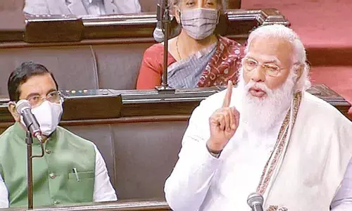 Prime Minister Narendra Modi speaks in the Rajya Sabha during ongoing Budget Session of Parliament, in New Delhi