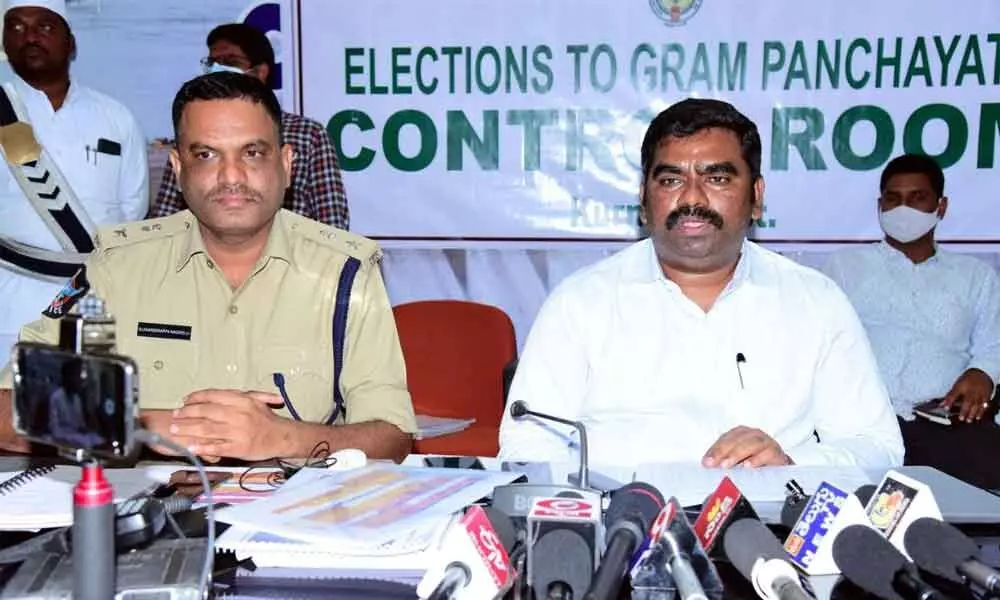 District Collector G Veera Pandiyan addressing a press conference in Kurnool on Tuesday.  SP Dr Fakkeerappa Kaginelli is also seen.