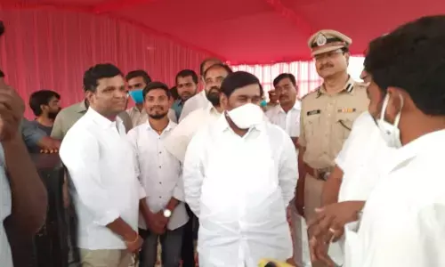 Minister Jagadish Reddy along with MLAs Gadari Kishore and Bhoopal Reddy checking with the officials concerned about the  arrangements for public  meeting at Halia on Tuesday