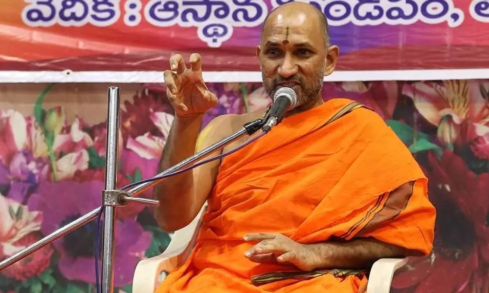 Pontiff of Kukke Subrahmanya Mutt, (Karnataka) Sri Vidya Prasanna Thirtha Swami speaking at the three-day Sri Purandara Dasa Aradhana Mahotsavams at Asthana Mandapam in Tirumala on Wednesday