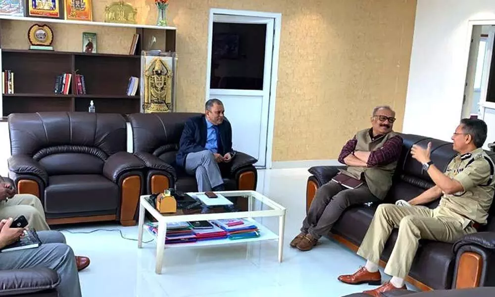 Chief Secretary Aditya Nath Das, DGP Gautam Sawang and other officials meet State Election Commissioner  N Ramesh Kumar in Vijayawada on Thursday