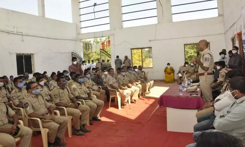 DCP Narayana Reddy addressing the police personnel at the inaugural session of health camp in Bhongir on Thursday