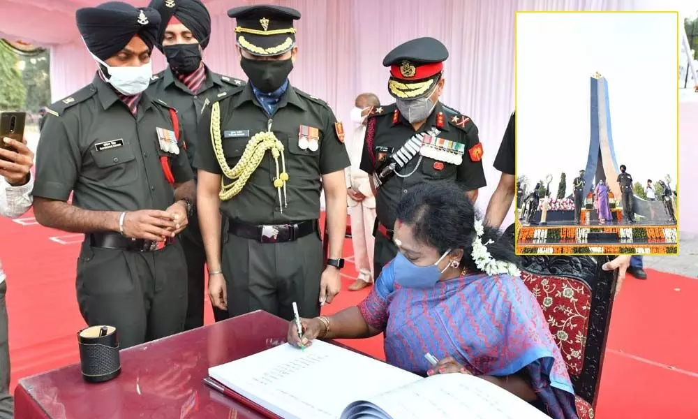 The Hon’ble Governor Tamilisai Soundararajan attends on the commemoration event  of Swarnim Vijay Varsh at Parade Ground Secunderabad  on Thursday.