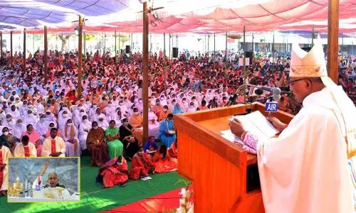 Vijayawada Catholic Diocese Bishop Thelagathoti Joseph Raja Rao addressing the devotees