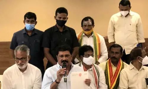 Visakhapatnam North MLA Ganta Srinivasa Rao submitting a signed-blank letterhead appealing to the ruling party to fill his resignation letter in the required format and submit it to the Assembly Speaker in Visakhapatnam