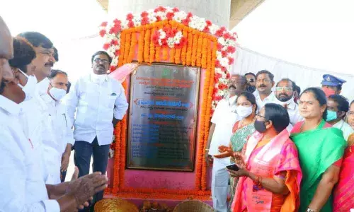 Transport Minister Puvvada Ajay laying foundation for the construction of check dam across Munneru River near Prakash Nagar bridge in Khammam town on Thursday