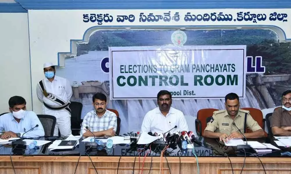 District Collector G Veera Pandiyan along with SP Fakkeerappa Kaginelli addressing media conference on 2nd phase polling at Collector’s conference hall in Kurnool