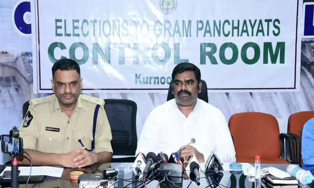 District Collector G Veera Pandiyan along with SP Dr Fakkeerappa Kaginelli addressing media conference at the Collector’s conference hall in Kurnool on Saturday.