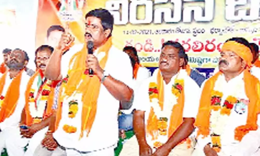 YTP State president J Balakrishna Reddy speaking at a meeting in Khammam on Sunday