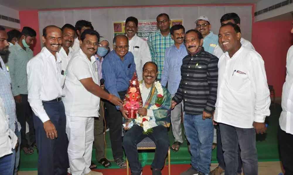 Sepak Takraw Federation of India president SR Prem Raj and others felicitating G Janardhan Reddy, who was elected as general secretary of Telangana Judo Association, at a programme in Karimnagar on Sunday