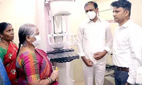 SVIMS Director Dr B Vengamma showing the equipment in the Pink Bus to MLA B Karunakar Reddy and Commissioner P S Girisha in Tirupati on Sunday