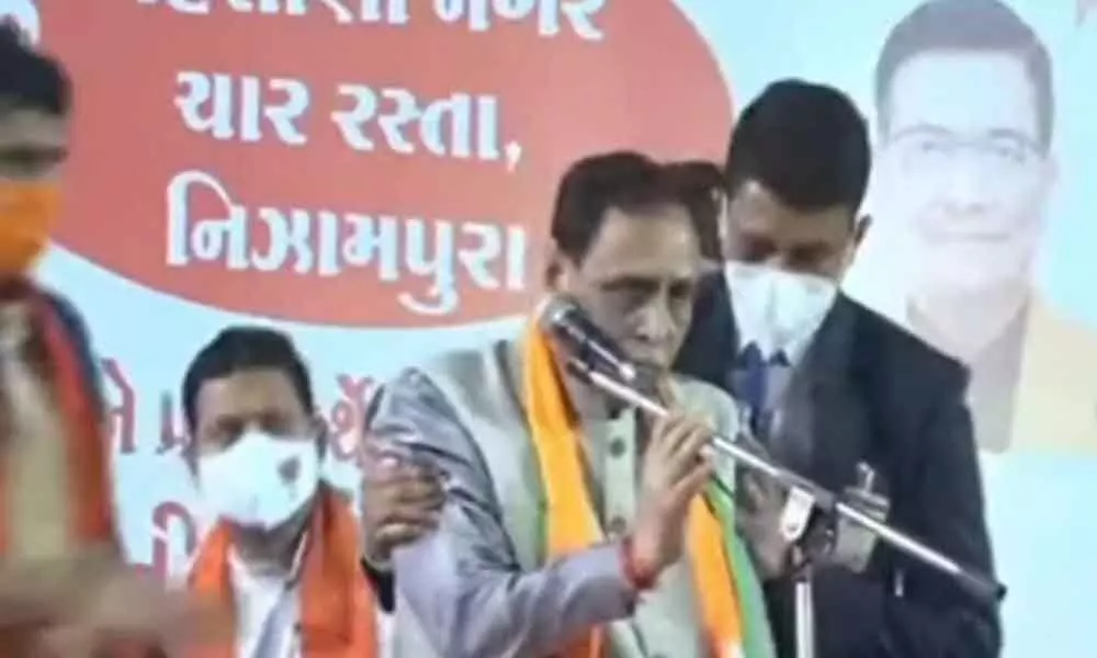 Gujarat Chief Minister Vijay Rupani collapsed on the stage while giving an election speech in Vadodara on Sunday.