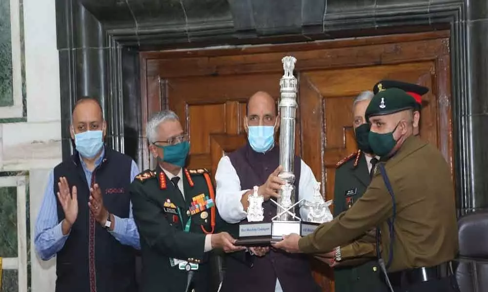 Defence Minister Rajnath Singh on Monday presented the Best Marching Contingent award of Republic Day parade 2021.