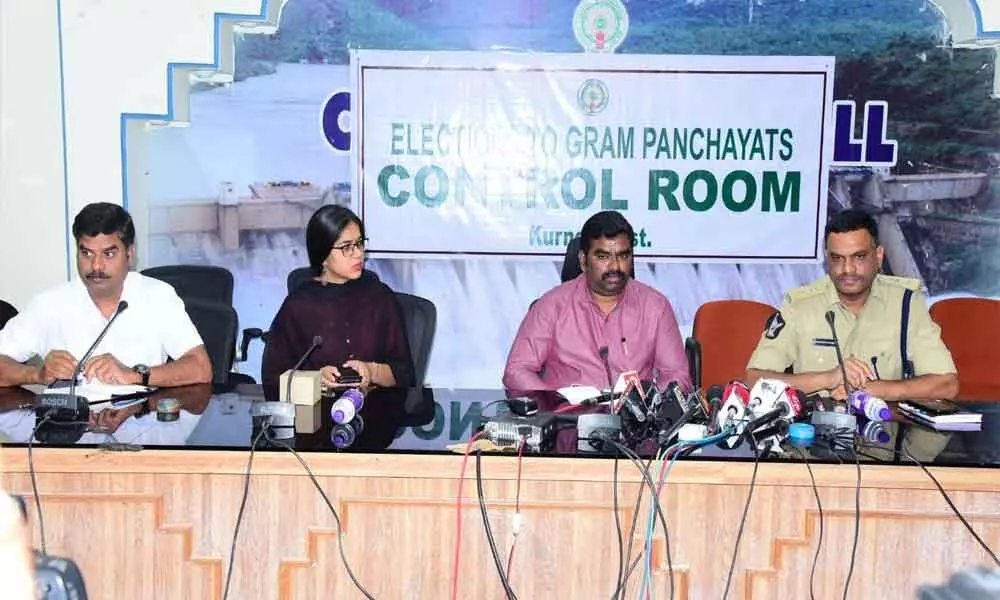 District Collector G Veera Pandiyan along with Superintendent of Police Dr Fakkeerappa Kaginelli and District Deputy Election Officer Kalpana Kumari addressing media at the Collector’s Conference Hall in Kurnool on Monday