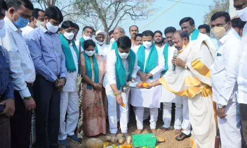 R&B and Legislative Affairs Minister Vemula Prashanth Reddy laying foundation for the construction of Markfed building in Nizamabad on Tuesday
