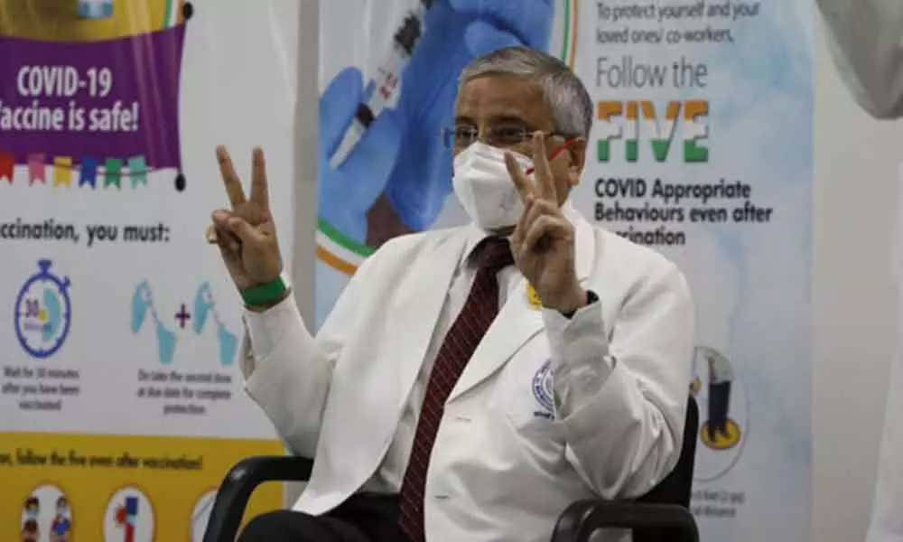 AIIMS Director Randeep Guleria after taking the second dose of  Covid-19 vaccine, at AIIMS in New Delhi on Wednesday