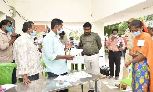 Collector Gandham Chandrudu inspecting a polling booth at Veerapuram village in Tadipatri mandal in Anantapur on Wednesday