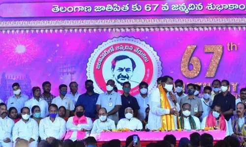 TRS leaders celebrating Chief Minister K Chandrasekhar Rao’s birthday at Jala Vihar. Hosting the event, Animal Husbandry Minister Talasani Srinivas Yadav unveiled the three-dimensional documentary of KCRs biography. Photo: Adula Krishna
