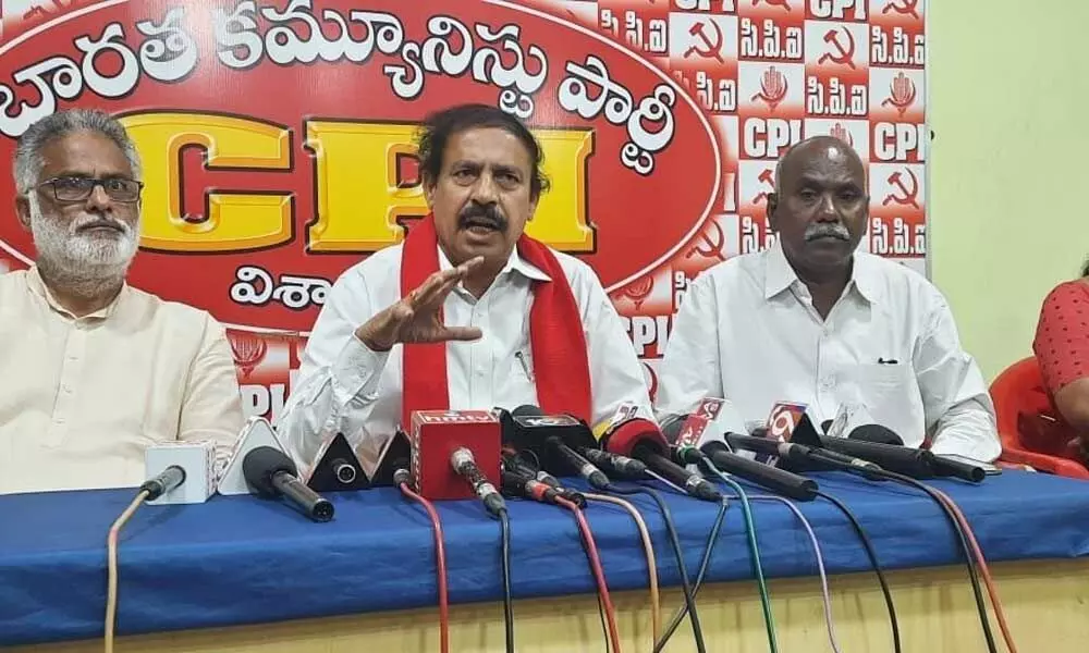 CPI State secretary K Ramakrishna speaking at a press conference in Visakhapatnam on Thursday