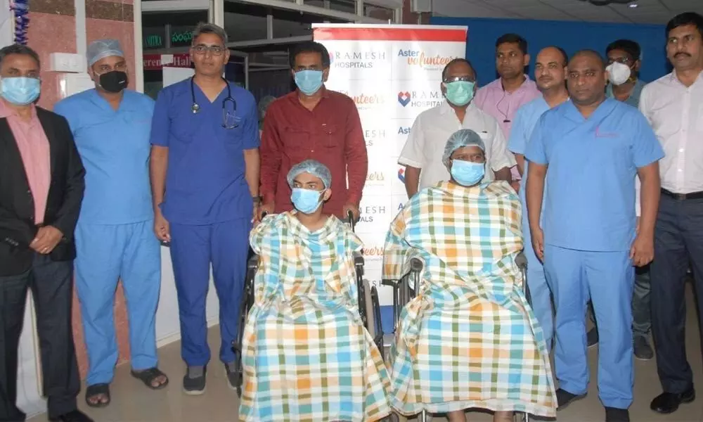 Team of doctors at Ramesh Sanghamitra with the kidney transplanted patients in Ongole on Thursday