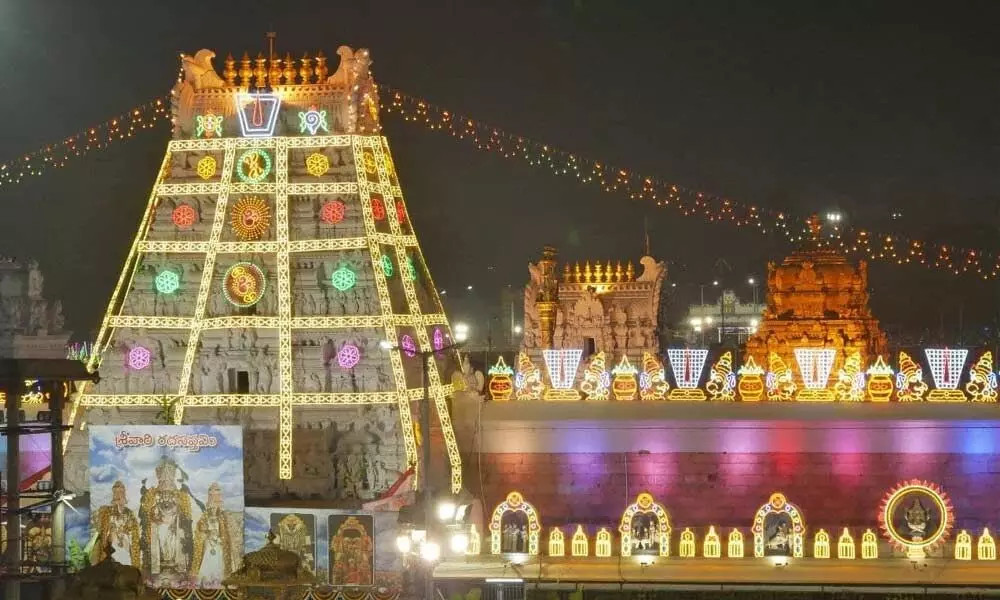 Tirumala temple illuminated on the eve of Rathasapthami festival on Thursday