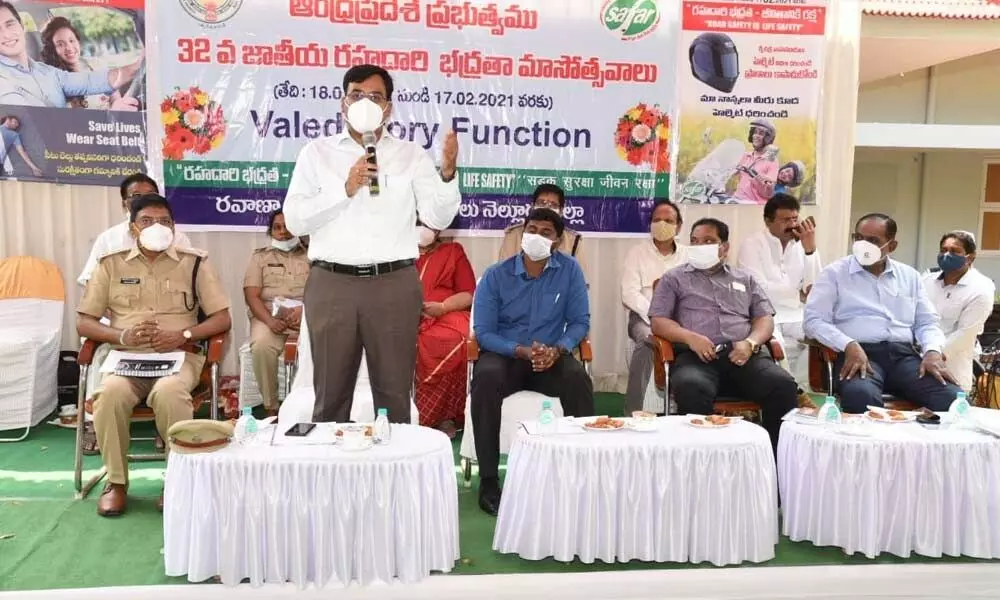 District Collector K V N Chakradhar Babu addressing the concluding session of Road Safety Month in Nellore on Thursday