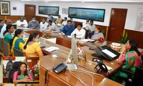 Greater Visakhapatnam Municipal Corporation (GVMC) Commissioner Nagalakshmi Selvarajan addressing officials at a meeting after taking charge in Visakhapatnam on Thursday
