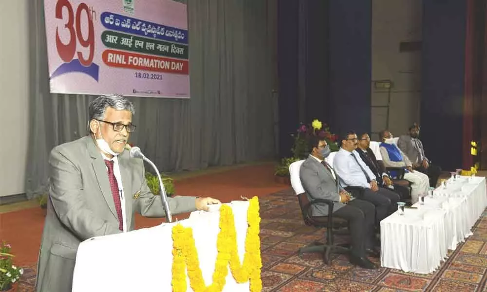 RINL Chairman and Managing Director PK Rath addressing the gathering at Ukkunagaram Club in Visakhapatnam on Friday