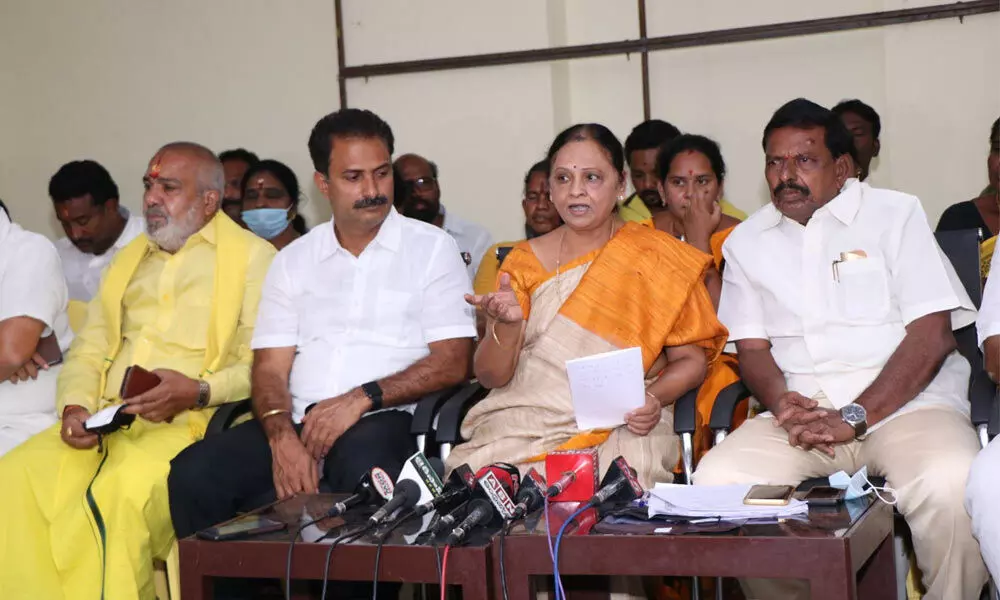 Tirupati former MLA M Sugunamma addressing the media at TDP office in Tirupati on Saturday