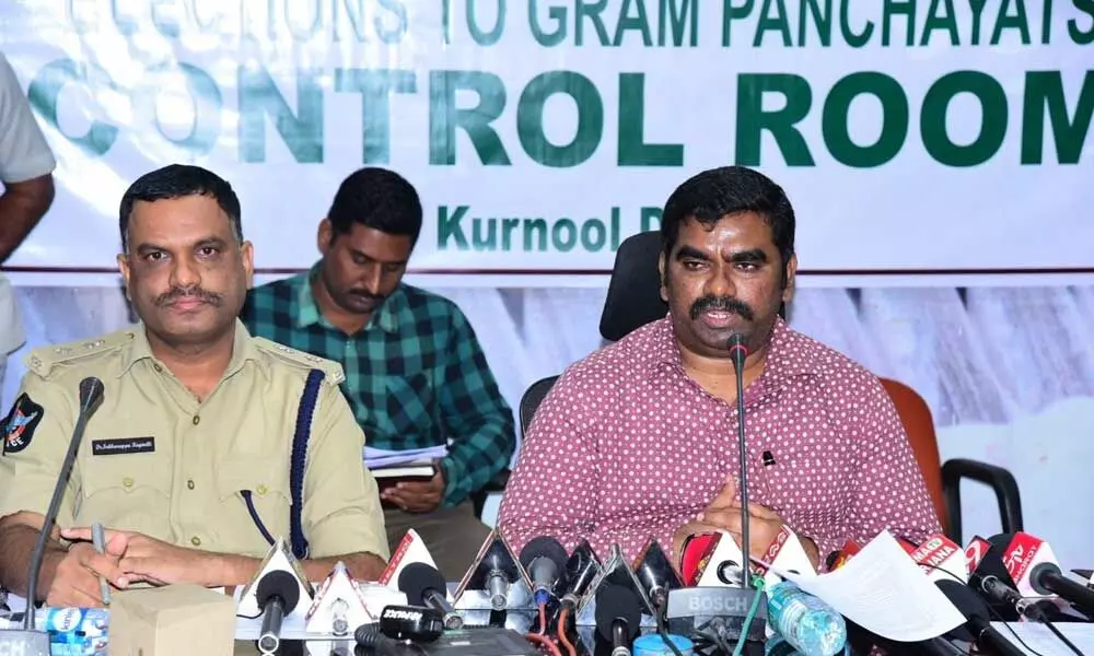 District Collector G Veera Pandiyan addressing a media conference on 4th phase of polling at the Collector’s conference hall in Kurnool on Saturday. SP Dr Fakkeerappa Kaginelli is also seen.