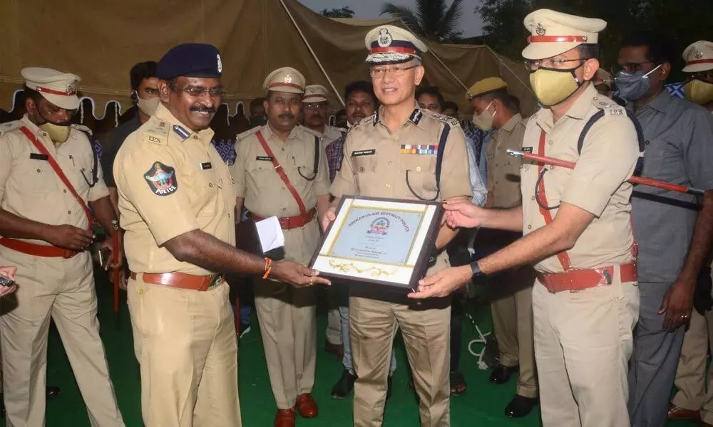 DGP Gautam Sawang being felicitated by police officers in Srikakulam on Saturday