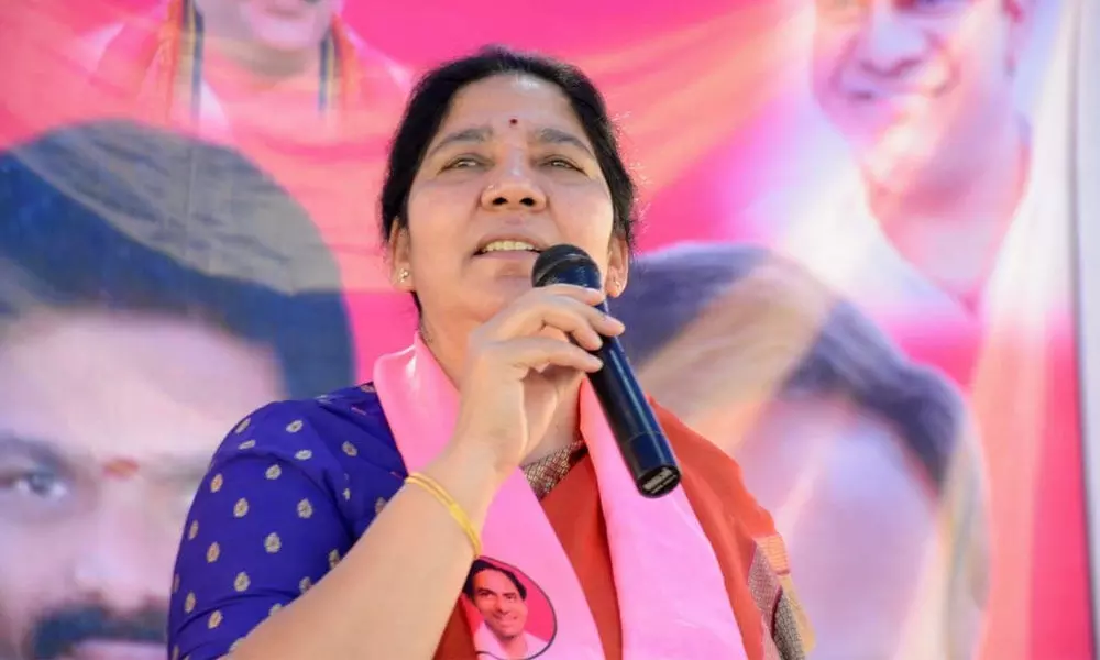 Tribal Welfare Minister Satyavathi Rathod speaking at a meeting at Kothaguda in Mahabubabad district on Saturday