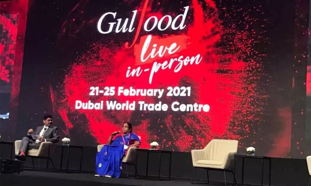 Special Chief Secretary Poonam Malakondaiah addressing the Gulf Food-2021 conference in Dubai on Sunday