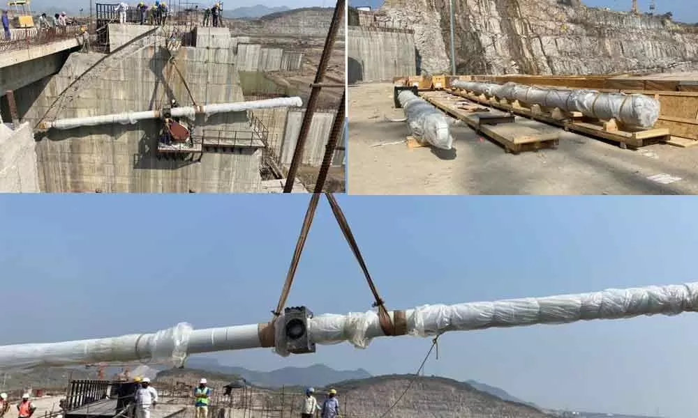 One of the hydraulic cylinders from Germany being lifted at Polavaram project on Monday